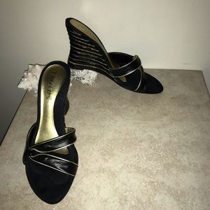 Black and Gold Dressy Wedge Mules